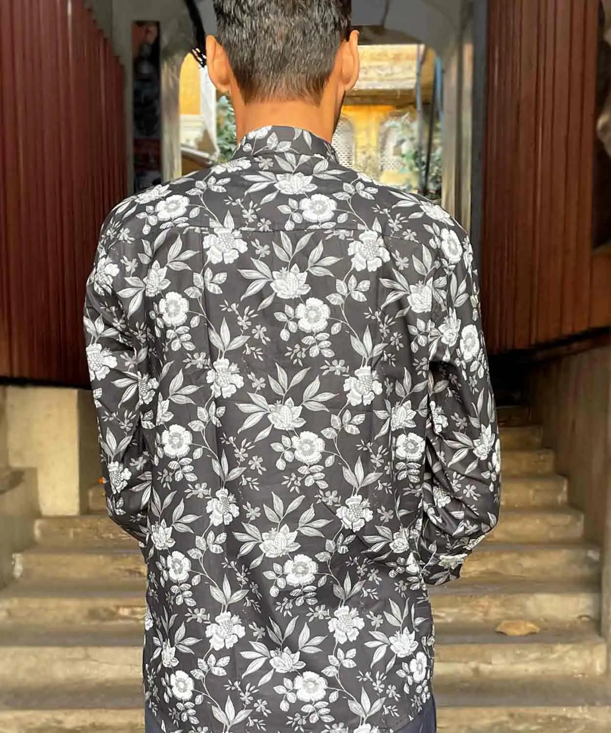 Men Black And Off-White All-Over Floral Print Slim Fit