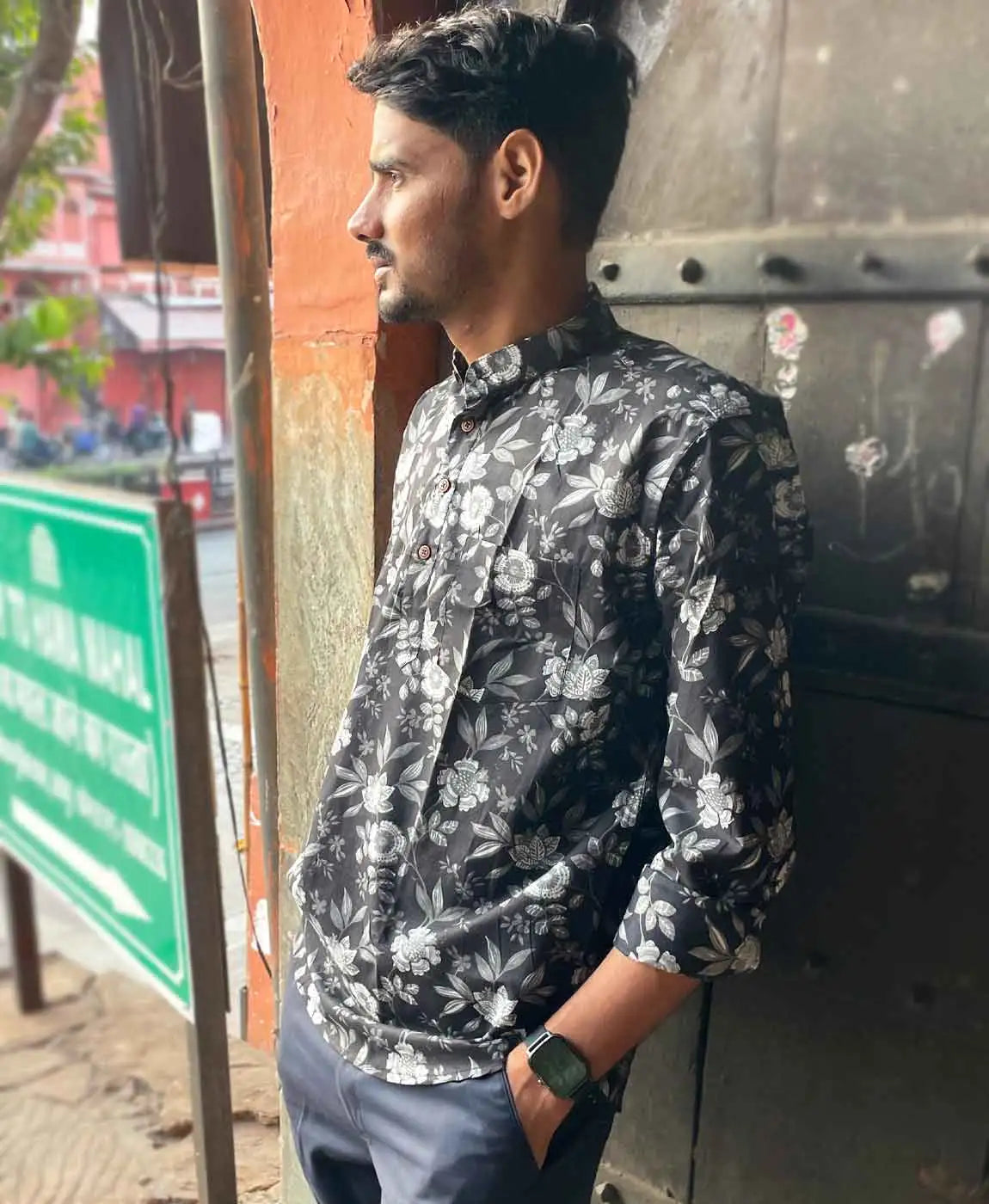 Men Black And Off-White All-Over Floral Print Slim Fit