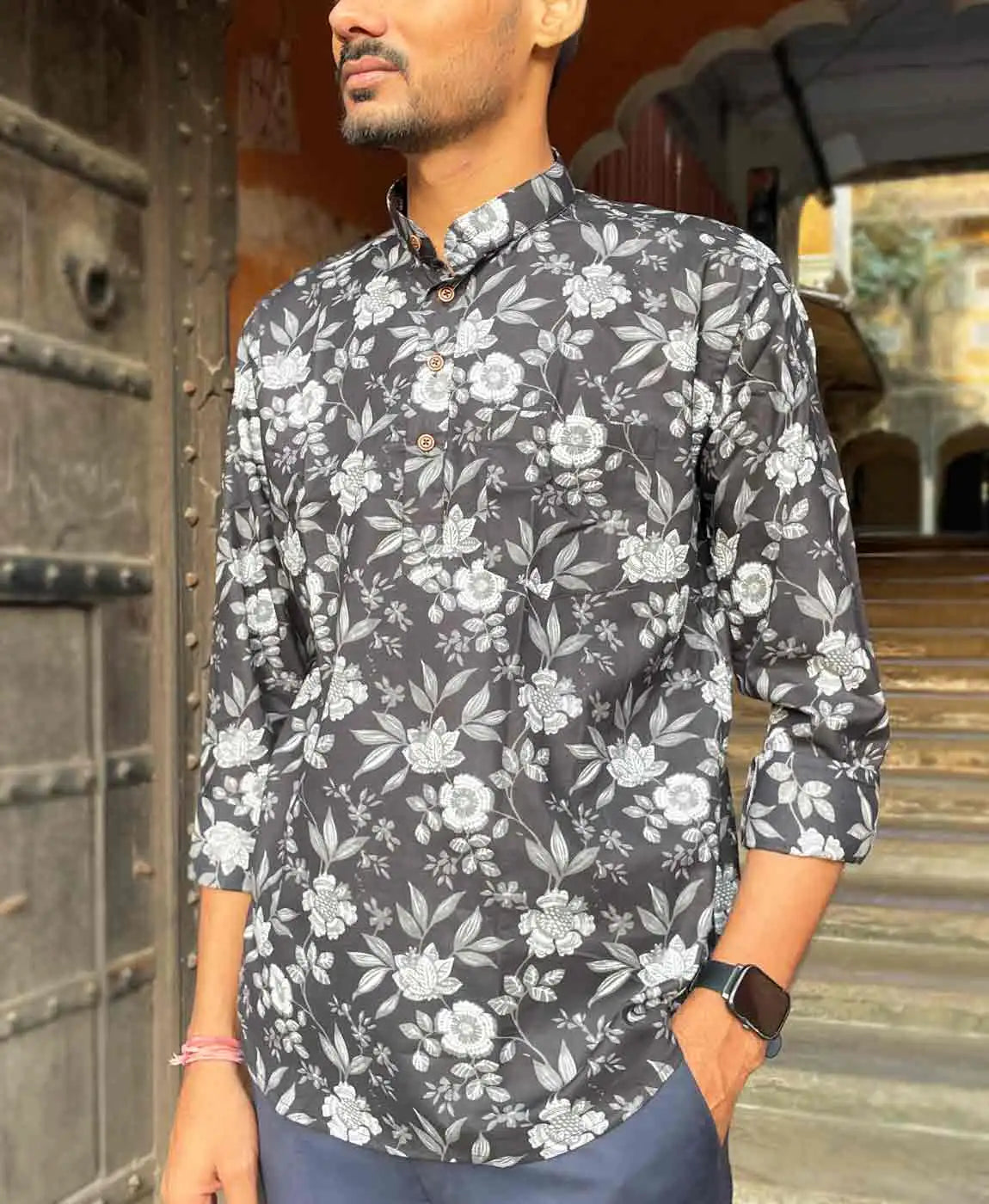 Men Black And Off-White All-Over Floral Print Slim Fit