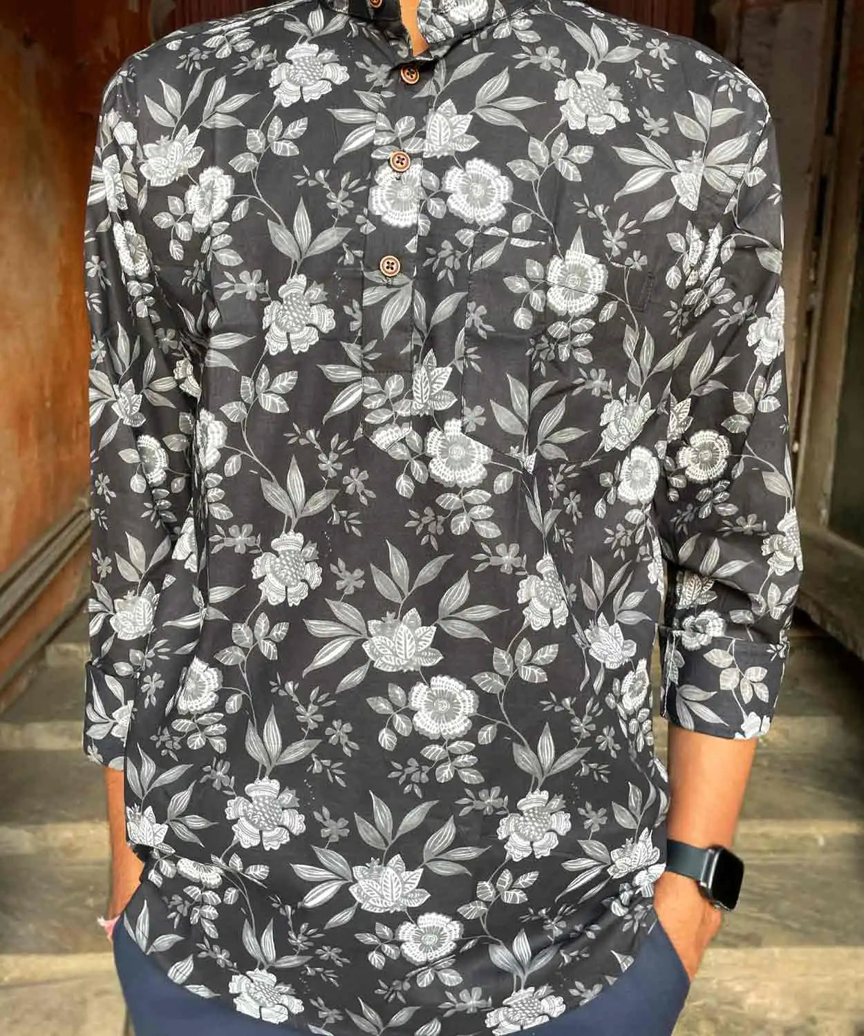 Men Black And Off-White All-Over Floral Print Slim Fit