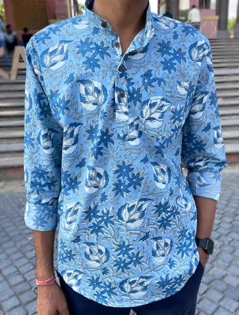 Men Blue COTTON STAPLE Print Slim Fit