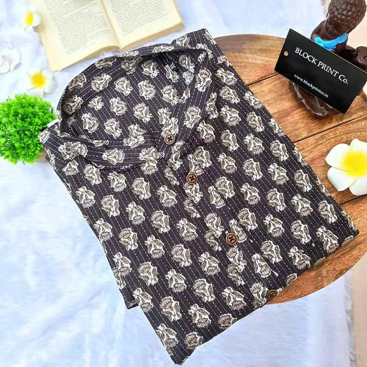 Men Black Kantha Work Print Slim Fit
