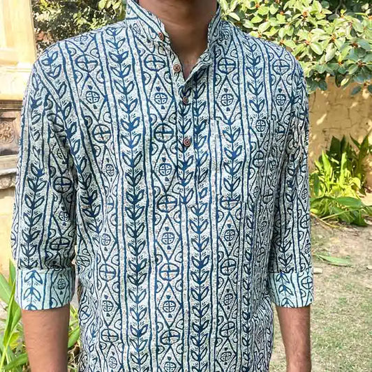Men Slim Fit Green Mandarin Print