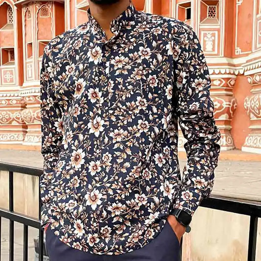 Men Slim Fit Black Off-white Flower Print