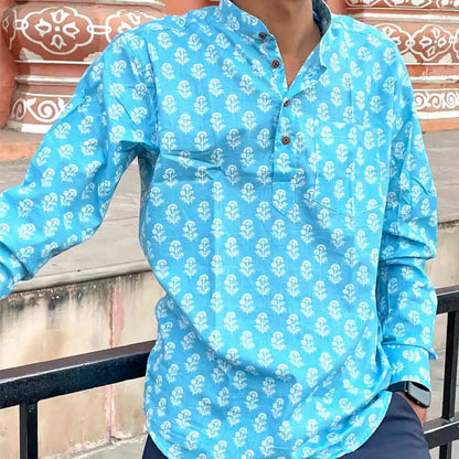 Men Slim Fit SkyBlue White Flower Print