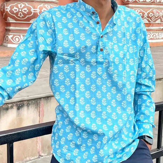 Men Slim Fit SkyBlue White Flower Print