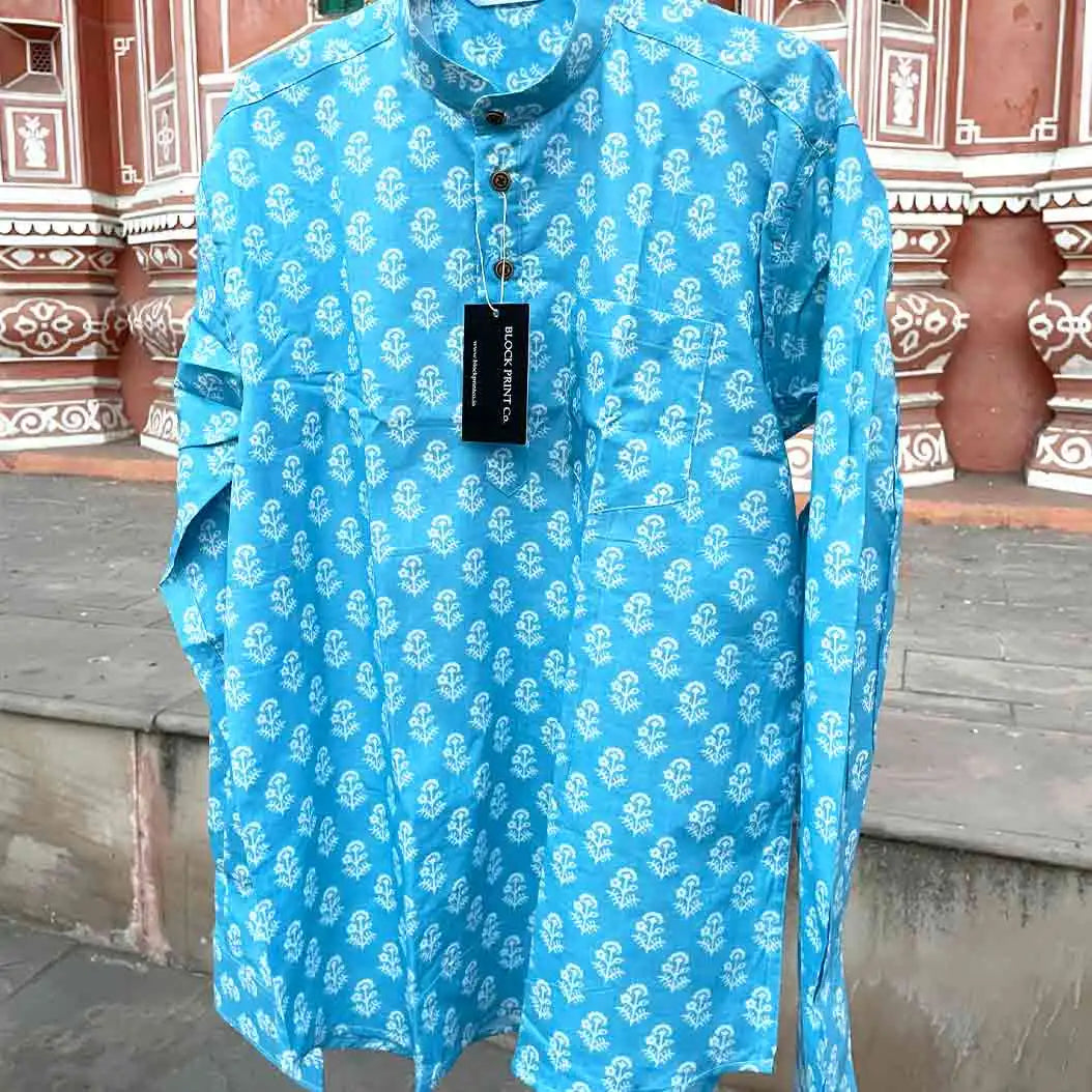 Men Slim Fit SkyBlue White Flower Print