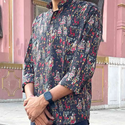 Men Black Warli Kantha Print Slim Fit